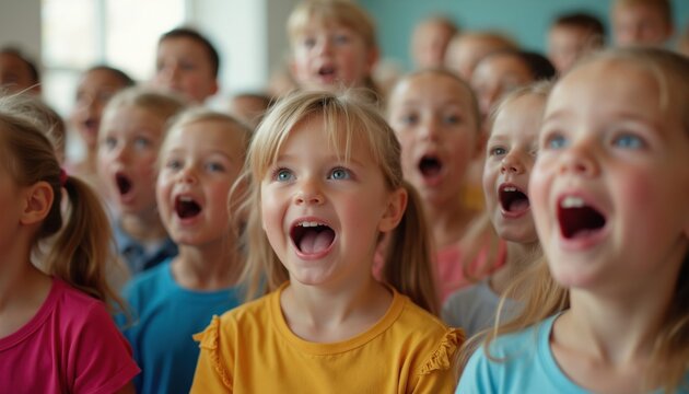 Childrens choir performs song with joy. Young singers stand together, open mouths singing in unison, expressing happiness. Kids group at music lesson in classroom.