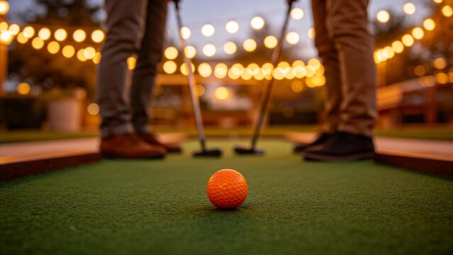 Miniature golf game with players and ball