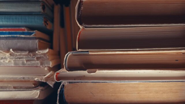 Stacked Antique Books and Old Folders Close-Up &mdash; Slow Tilt-Up Shot | Worn Hardcover Spines with Frayed Edges on Wooden Shelf | Vintage Archive Collection Scene