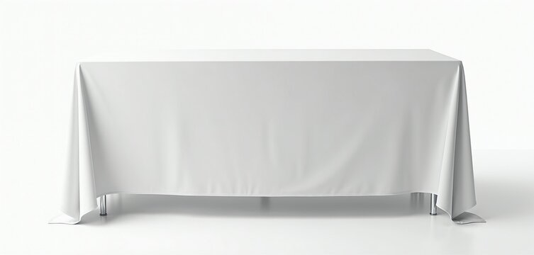 White rectangular table with draped fabric cloth for event display or product presentation. Clean setup for commercial use, trade shows, and exhibitions.