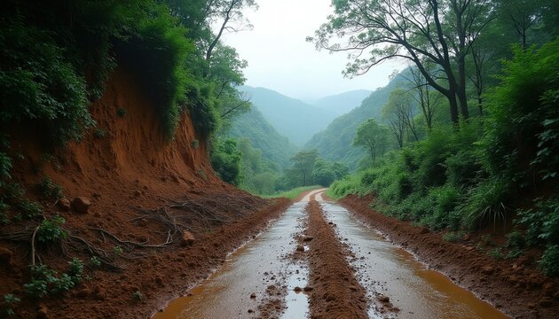 Muddy dirt road after landslide in a green mountain valley. Wet path blocked by earth and exposed roots. Overcast sky above rich forest scenery.