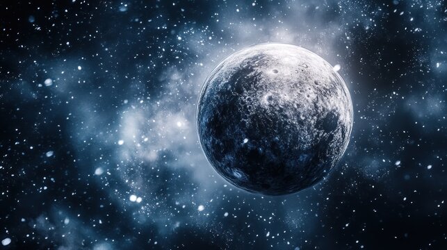A large planet floats amid a vibrant and starry space background
