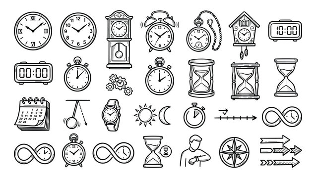 Assorted clocks and timekeeping objects hand drawn on transparent