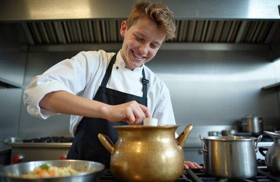 Young student boy wears chef uniform, learning cooking in school kitchen. He smiles, preparing food in pot, adding ingredients for meal. Future chef masters culinary skills.
