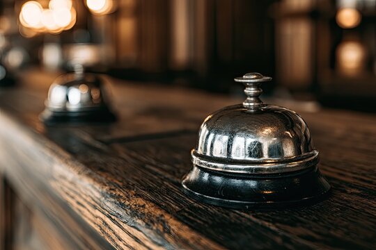 Vintage service bell on polished wood counter, soft bokeh background