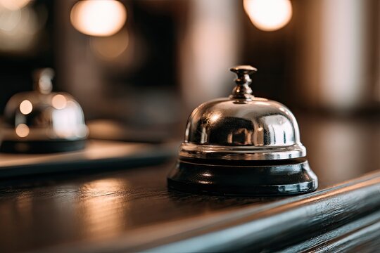 Polished metal service bell on a dark wooden counter, soft bokeh background
