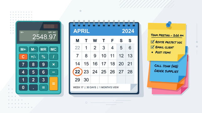 A calculator and calendar with notes on a table for financial planning.