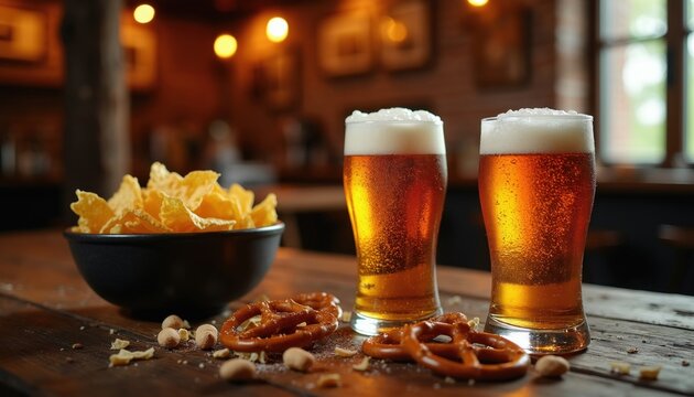 Two glasses with beer, pretzels, chips, nuts on wood table in bar. Amber color drink, frothy foam, cosy atmosphere, casual refreshment, snacks for pub. Relaxed evening with good company, tasty bites.