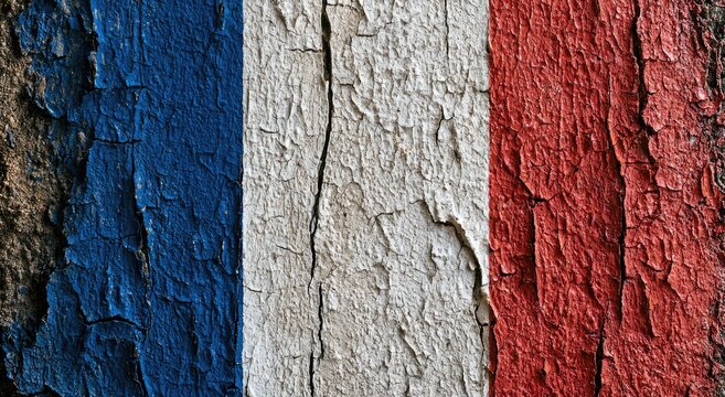 Faded, cracked paint forms a textured French flag on a rustic surface