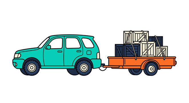 Suv pulling a car trailer with loaded wooden cargo crates