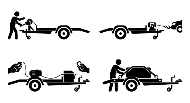 Car trailer loading and towing operation pictogram set