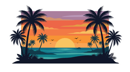 Obraz premium Tropical beach sunset vector illustration with palm tree silhouettes 