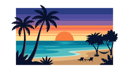 Obraz premium Tropical Sunset Beach Vector Illustration with Palm Trees and Ocean View 