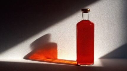 Obraz premium Red Liquid in Glass Bottle with Dramatic Lighting and Shadows on Wall and Floor for mock-up isolated illustration