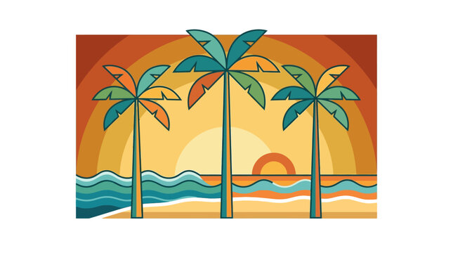Retro Minimalist Tropical Beach Sunset Illustration with Palm Trees and Ocean Waves
