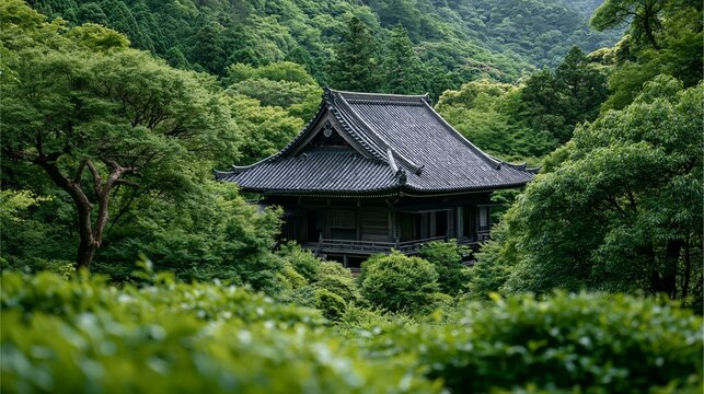 AI生成した、生い茂る深い緑の森の中に静かに佇む黒い瓦屋根の寺院本堂｜木々の葉の隙間から覗く日本の古刹の神秘的な風景