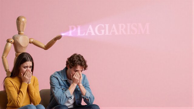 Wooden figure shines "PLAGIARISM" laser at two distressed people, symbolizing academic misconduct.