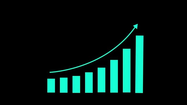 Dynamic financial growth bar chart animation with rising trend arrow, representing business success, market expansion, economic recovery, and positive statistical data analysis in a modern digital