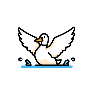 White duck pond bird flapping its wings in blue water