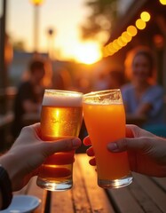 Fototapeta premium Two hands hold beer and juice glasses clinking together. Warm sunset light illuminates people at outdoor bar or restaurant. Friends enjoy drinks and good times together.