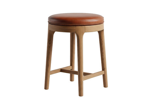 Wooden stool with leather seat and metal frame.