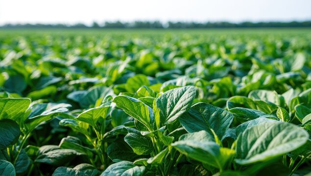 Lush, green crop field stretches to the horizon under a clear sky
