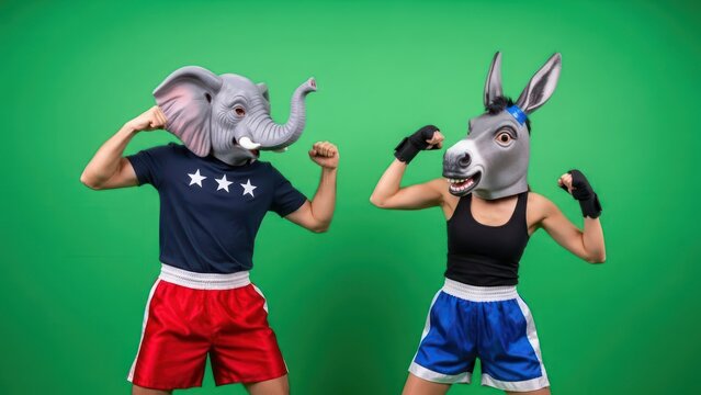 Political contenders clash: A symbolic fight between the democratic donkey and republican elephant