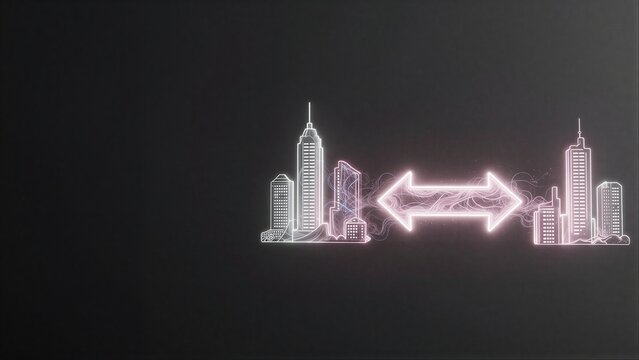 Neon city silhouettes connected by glowing bidirectional arrow, symbolizing urban exchange.