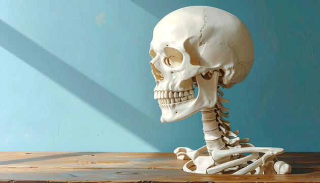 Anatomical Human Skeleton Model Displayed Against a Blue Background.