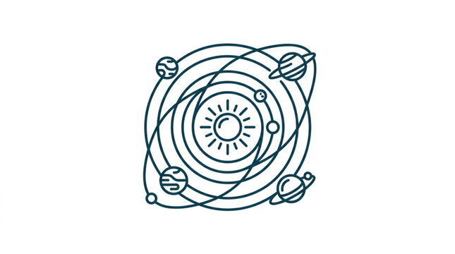 Stylized illustration of a solar system with planets orbiting a central sun.