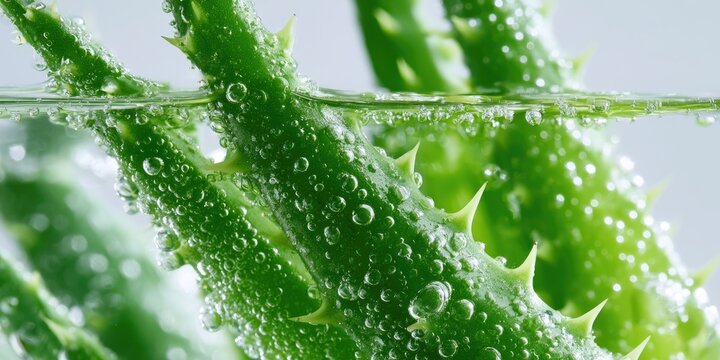 Close-up macro of lush green aloe vera plant stems submerged in clear, bubbly water