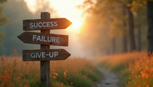 Wooden signpost shows path to success, failure, and give up. Sun sets on grassy field with blooming orange flowers and trees. Journey forward on dirt path.