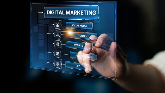 Digital marketing strategy broken down into categories: web, SEO, content, social media, and advertise. Digital tools enhance online marketing success across digital platforms. Spline