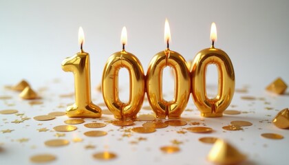 Fototapeta premium Golden number 100 candles burn brightly on white surface with scattered confetti and shiny gold pieces. This celebration marks one hundred years of an event or a milestone.
