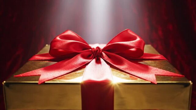 Luxurious golden gift box with red satin bow and ribbon illuminated by spotlight on red backdrop