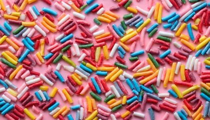 Fototapeta premium colorful sprinkles pattern on a pink background creating a seamless texture the background is a top down view of colorful candy sprinkles the colors are pastel and vibrant flat lay composition sp