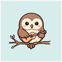 Fototapeta premium Cute cartoon owl playing guitar on a branch.