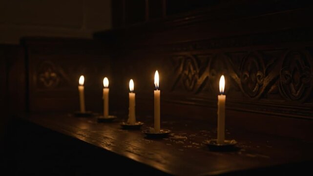 Six lit candles in brass holders sit on a dark carved wooden surface illuminating the scene with a warm glow