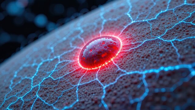 A single red droplet glows with internal light on a textured surface crisscrossed with bright blue electrical pathways.