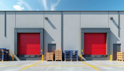 Fototapeta premium Modern warehouse exterior with red roller doors. Loading docks with stacked pallets and boxes ready for shipment. Logistics and supply chain hub for commerce.