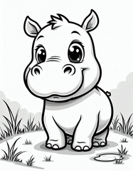 Obraz premium Cartoon hippo illustration for coloring. Cute baby hippo with big eyes and friendly smile. Perfect for kids activity pages and educational materials about wildlife.