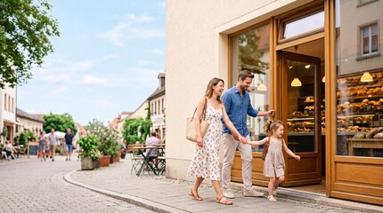 Obraz premium A smiling family with a young daughter enters a charming bakery on a quaint European street. The mother holds a woven bag, while the father holds his daughter's hand.