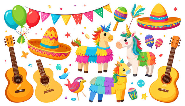 Pixel art fiesta elements including pinatas, sombreros, guitars, balloons, maracas, and festive confetti, perfect for celebrations and decorations