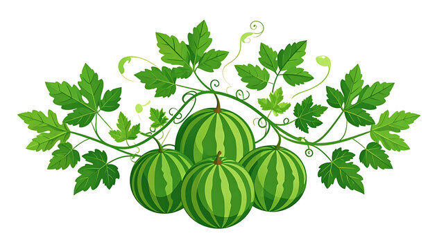 Pixel art arrangement of four watermelons with green leaves and vines, decorative summer fruit motif, graphic element