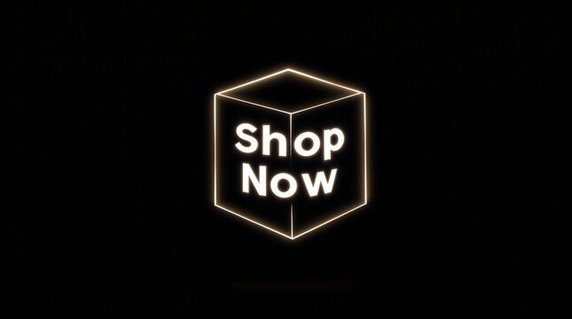 Golden neon 3D cube shop now button on black background for ecommerce
