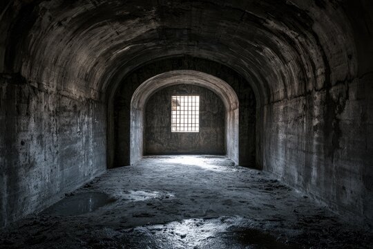 Dim, arched concrete tunnel with barred window, light and shadows