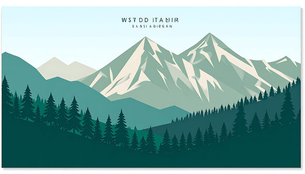 Pixel art landscape of layered mountains and pine forests in muted teal and blue tones, evoking a sense of wilderness adventure