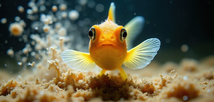 Small orange fish with big eyes swims near bubbly sand on dark background. Its fins spread wide showing detailed texture. Lively aquatic macro shot captures underwater life movement and nature.