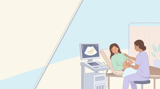 Pregnant woman getting ultrasound scan from doctor in clinic, baby sonogram screen