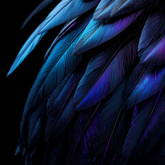 Obraz premium Macro 3D render of layered metallic feathers in oil slick chrome and deep indigo obsidian with iridescent reflections